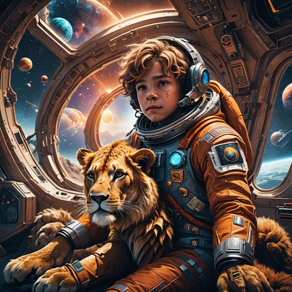 Boy and Lion in Space: Sci-Fi Concept Art