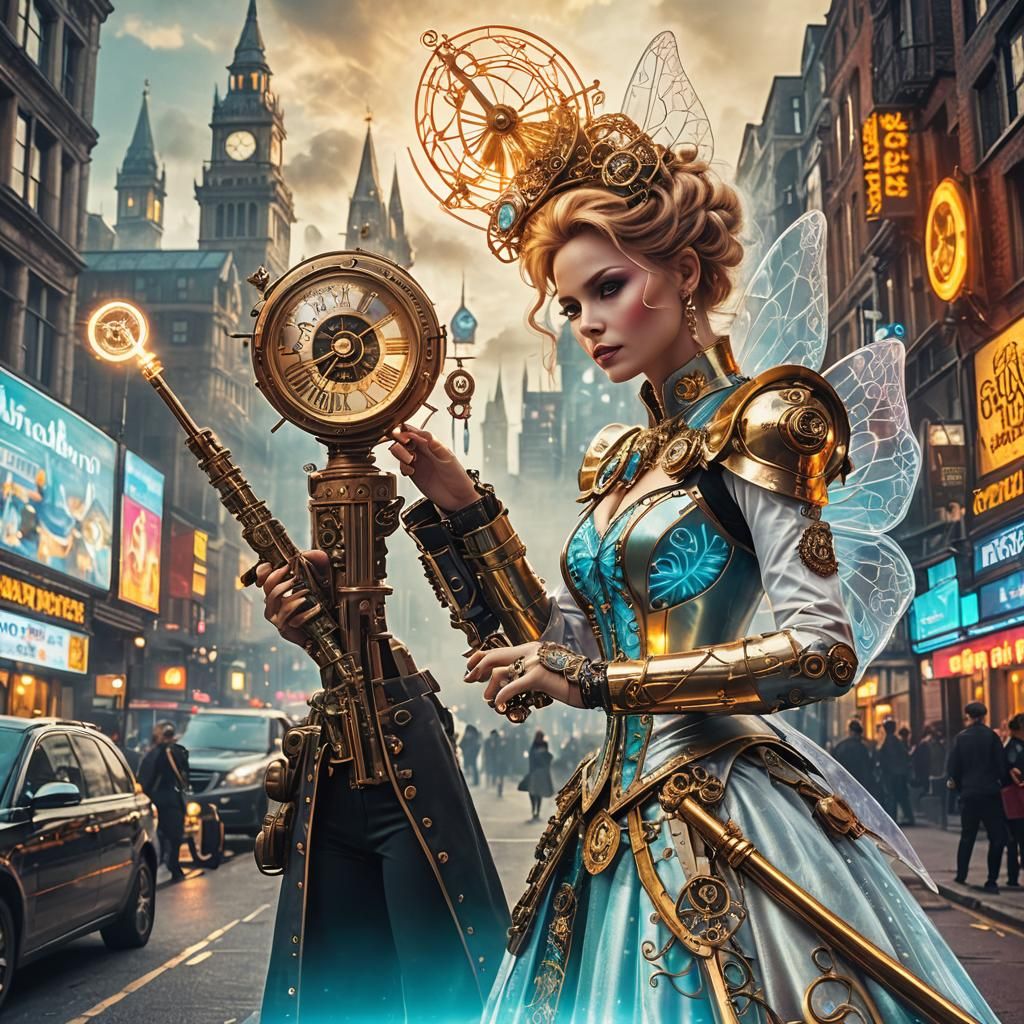 Steampunk Fairy Godmother in Cyberpunk London