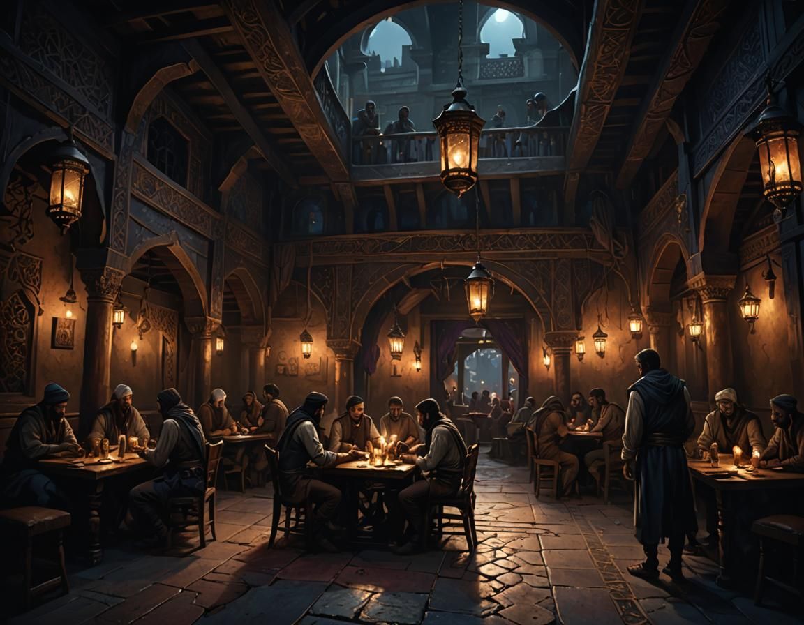 Dark, Moody Tavern Scene in Arabesque Style