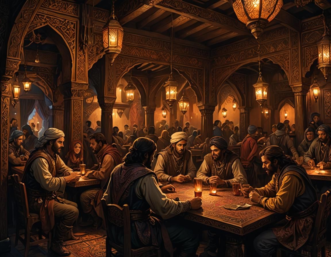 Dark Fantasy Tavern Scene in Intricate Moroccan Architecture...