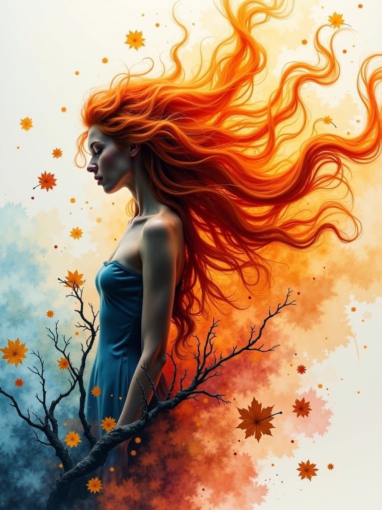 Autumn Lady Silhouette in Watercolor Style