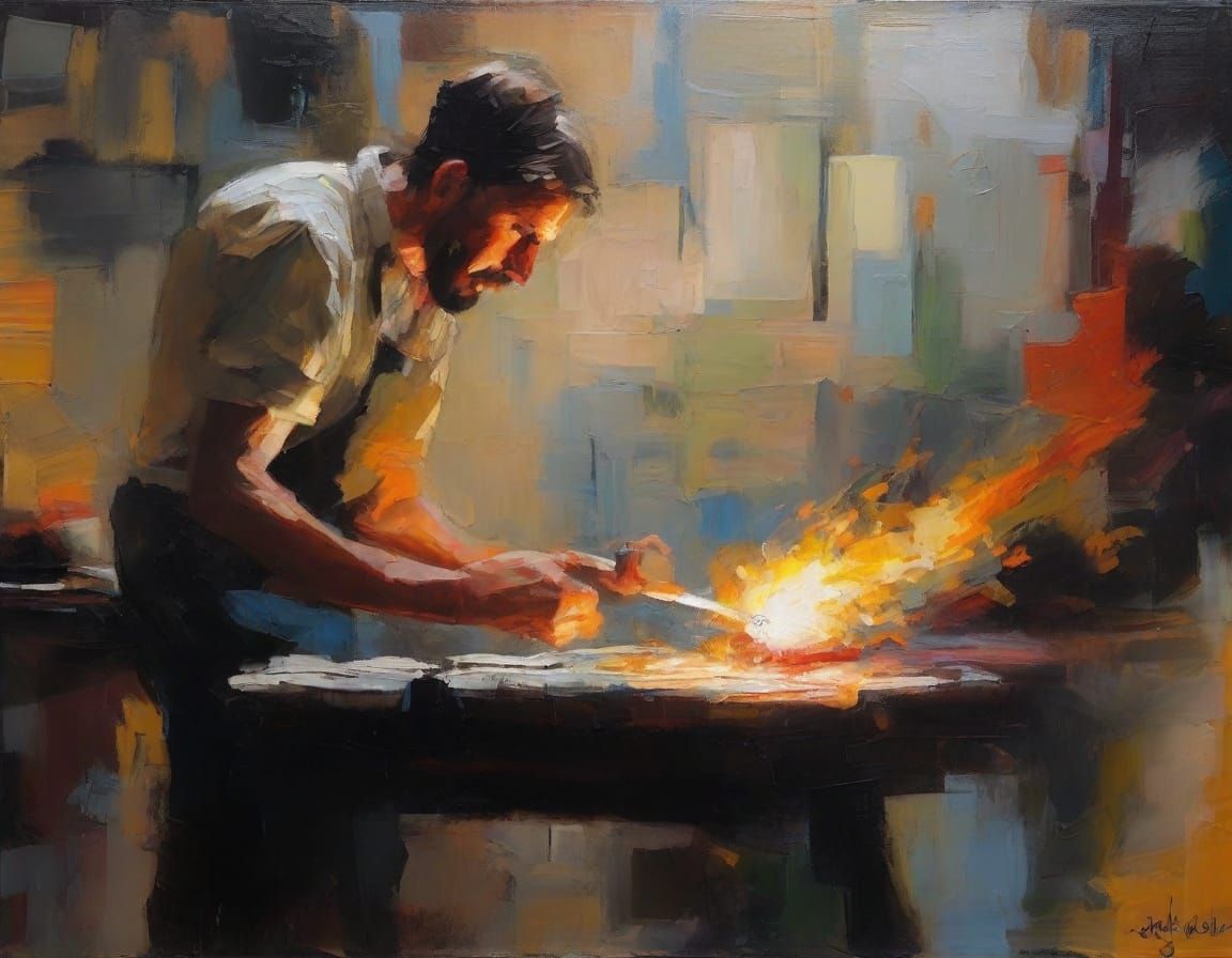Glass Blower Crafting Art in Abstract Impressionist Style