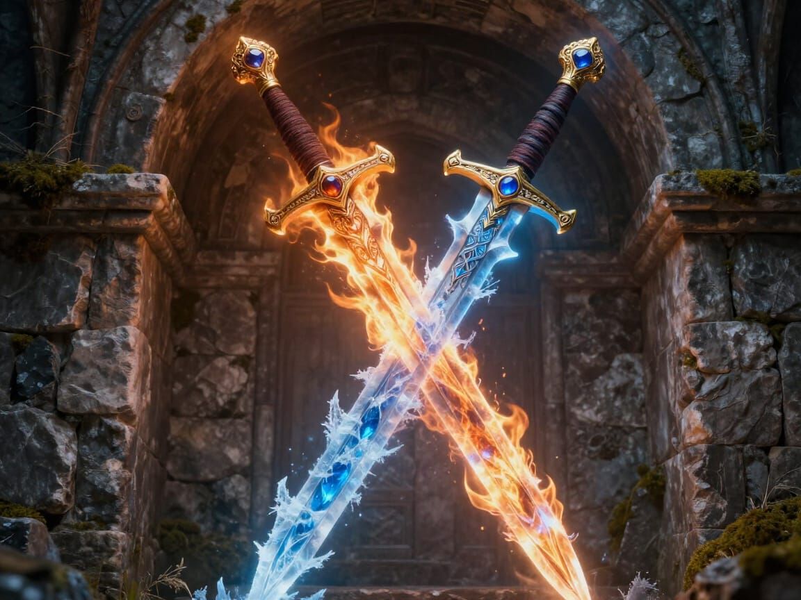 Fire and Ice Swords Crossed in Dramatic Fantasy Art