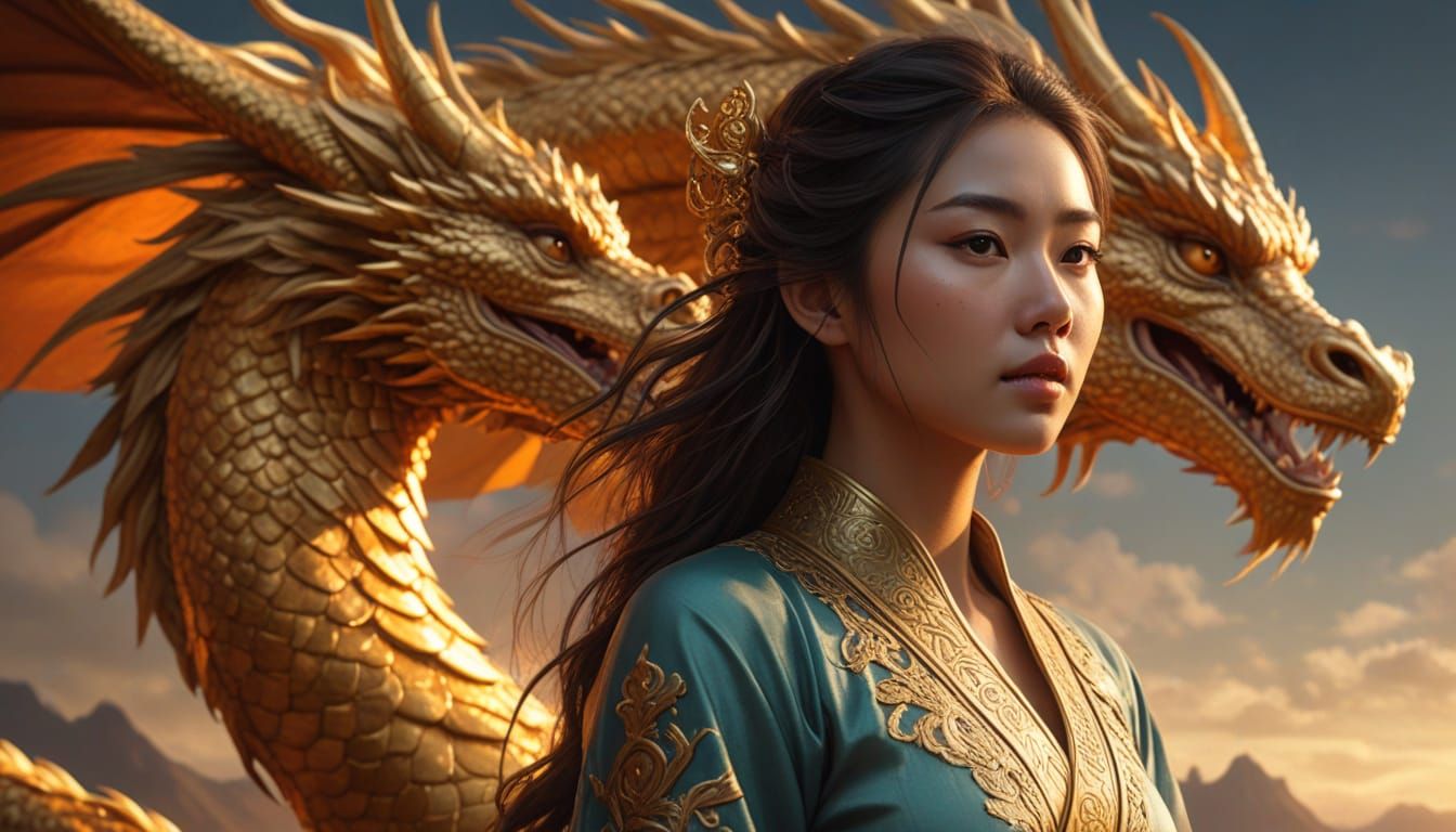 Asian Woman Riding Golden Dragon in Hyperrealistic Fantasy A...