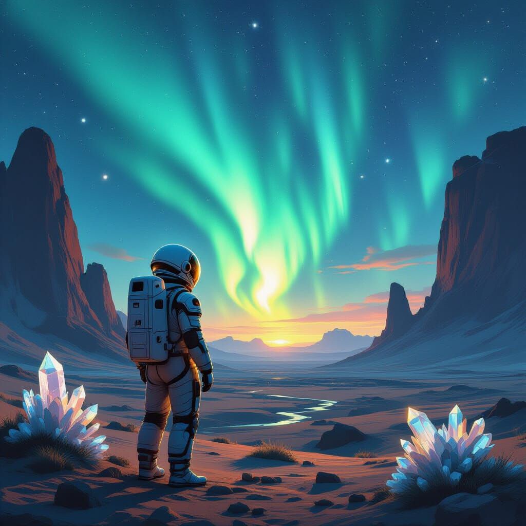 Astronaut Gazing at Cosmic Aurora on Alien Planet