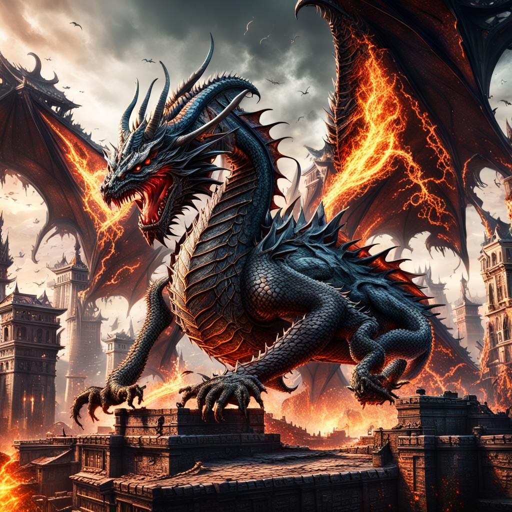 Hell Dragon Attacks City: Fantasy Concept Art