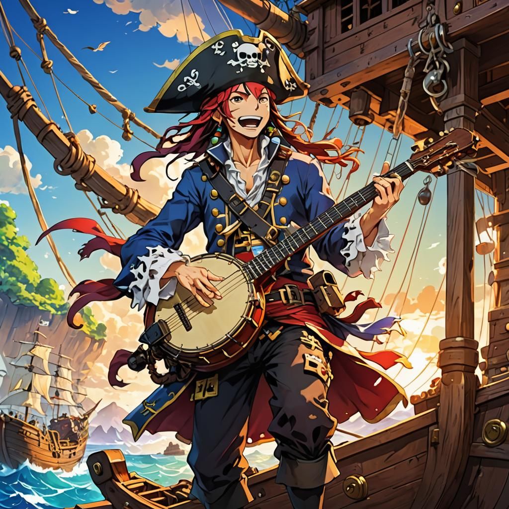 Anime Pirate Banjo Player on Ship in Vibrant Sunlight