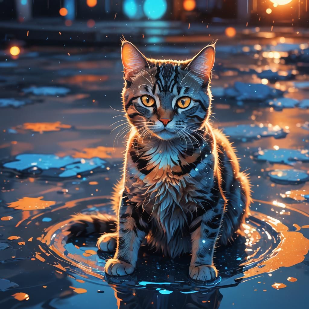 Cat in Glowing Puddle: Hyper-Realistic Fantasy Art