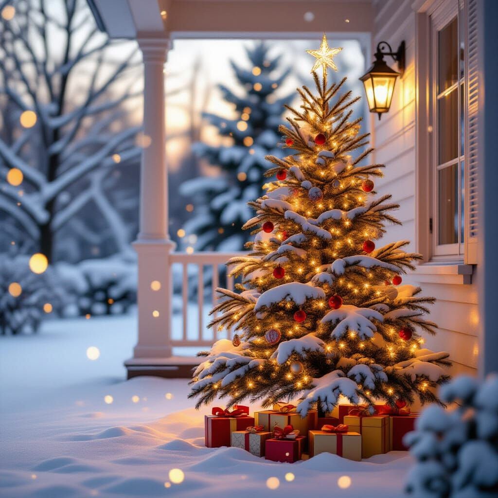 Photorealistic Decorated Christmas Tree in Gentle Snowfall