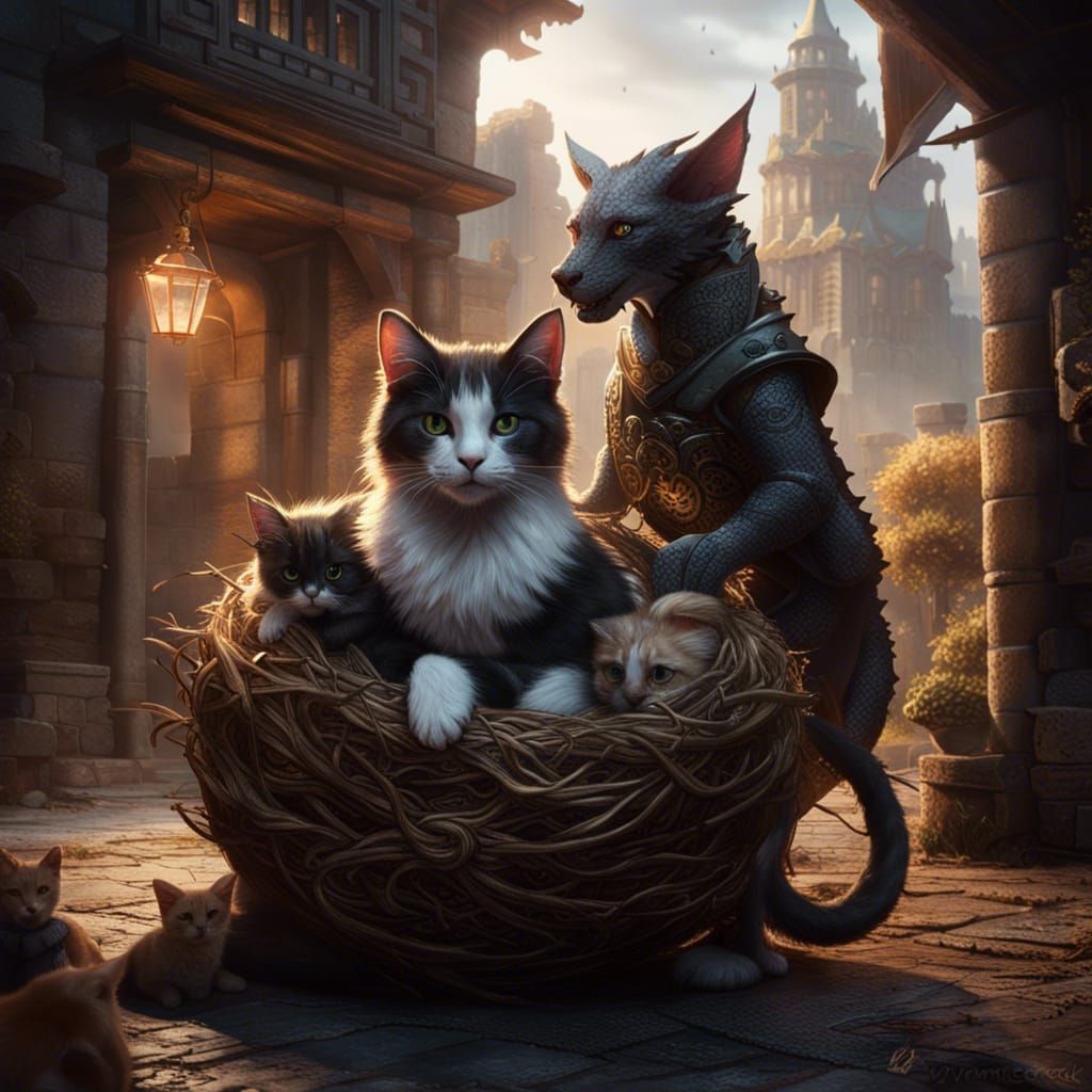 Person with Cat, Dog, and Dragon: Dark Fantasy Art