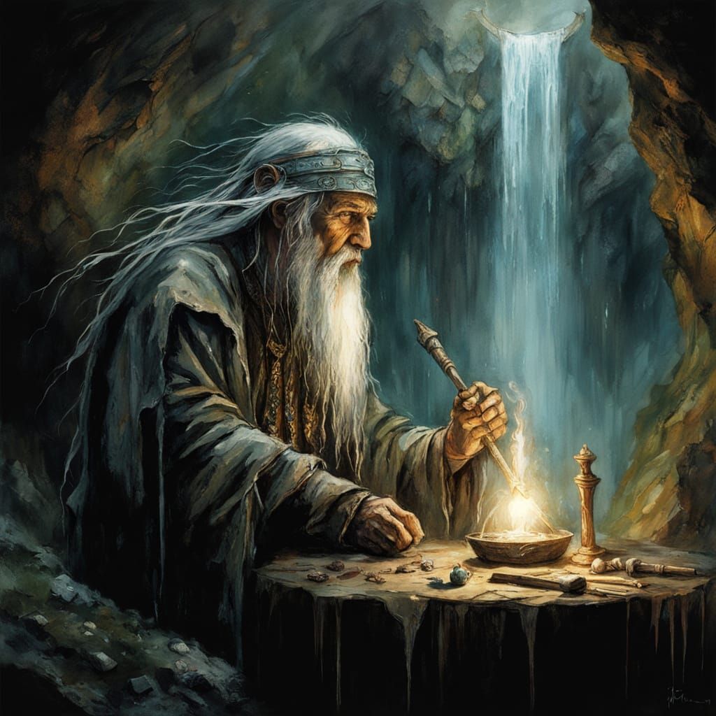 Wizard-Miner Scrying in a Dark Fantasy Cave