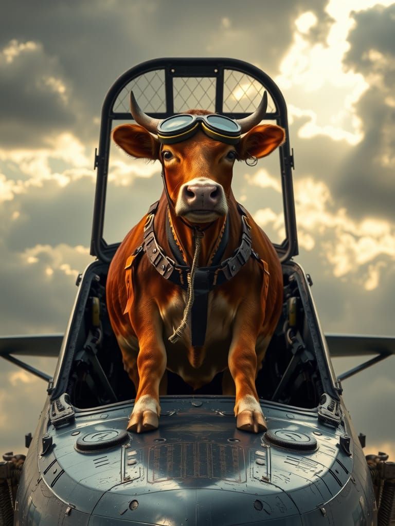 Cow Pilot in Vintage Bomber