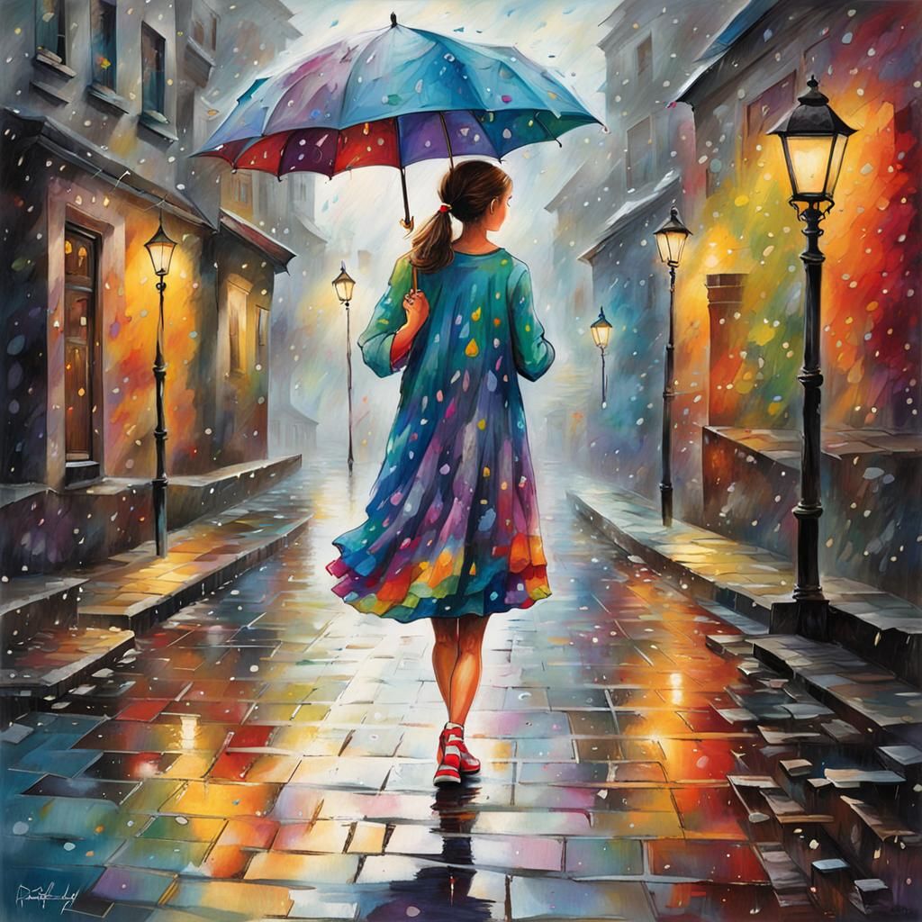 Girl in Rain with Umbrella on Cobblestone Street