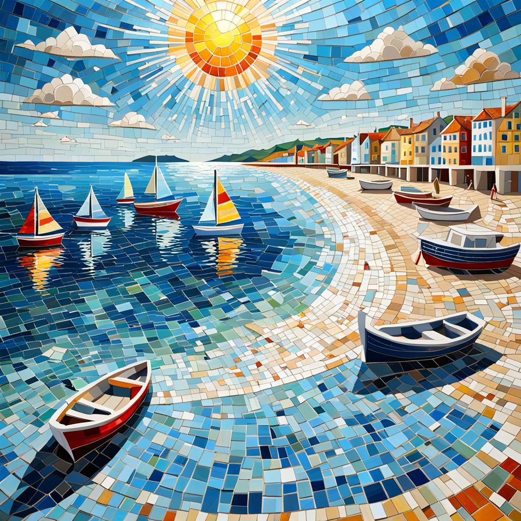 Mosaic Art of Beach with Boats and Blue Sky