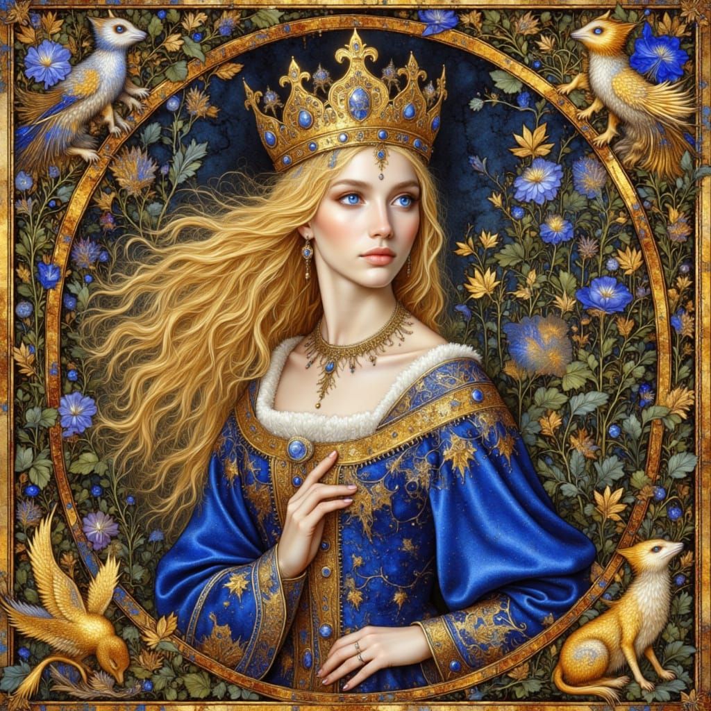 Medieval Princess in Ornate Garden, Illuminated Manuscript S...