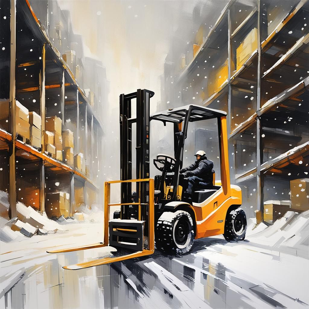 Forklift Races Through Snowy Warehouse in Acrylic Style