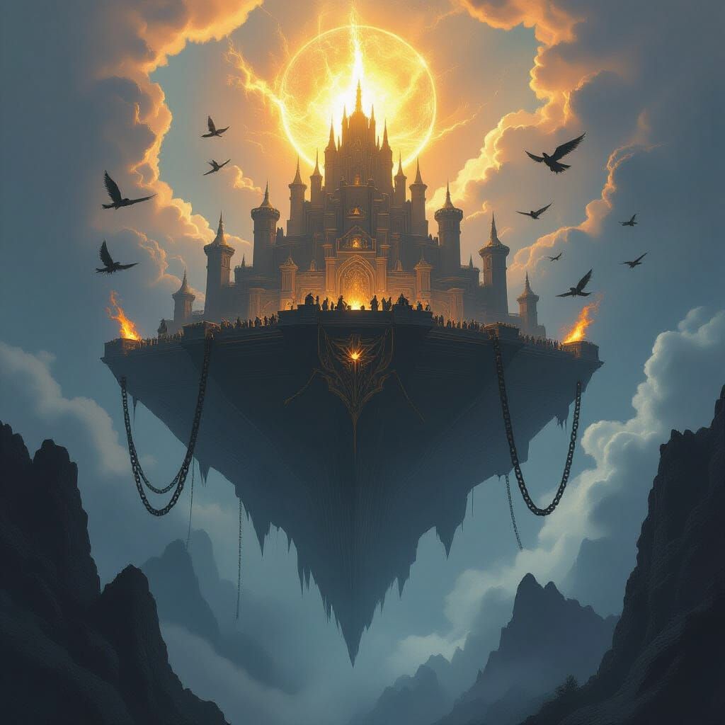 Colossal Fortress Above Storm with Winged Soldiers