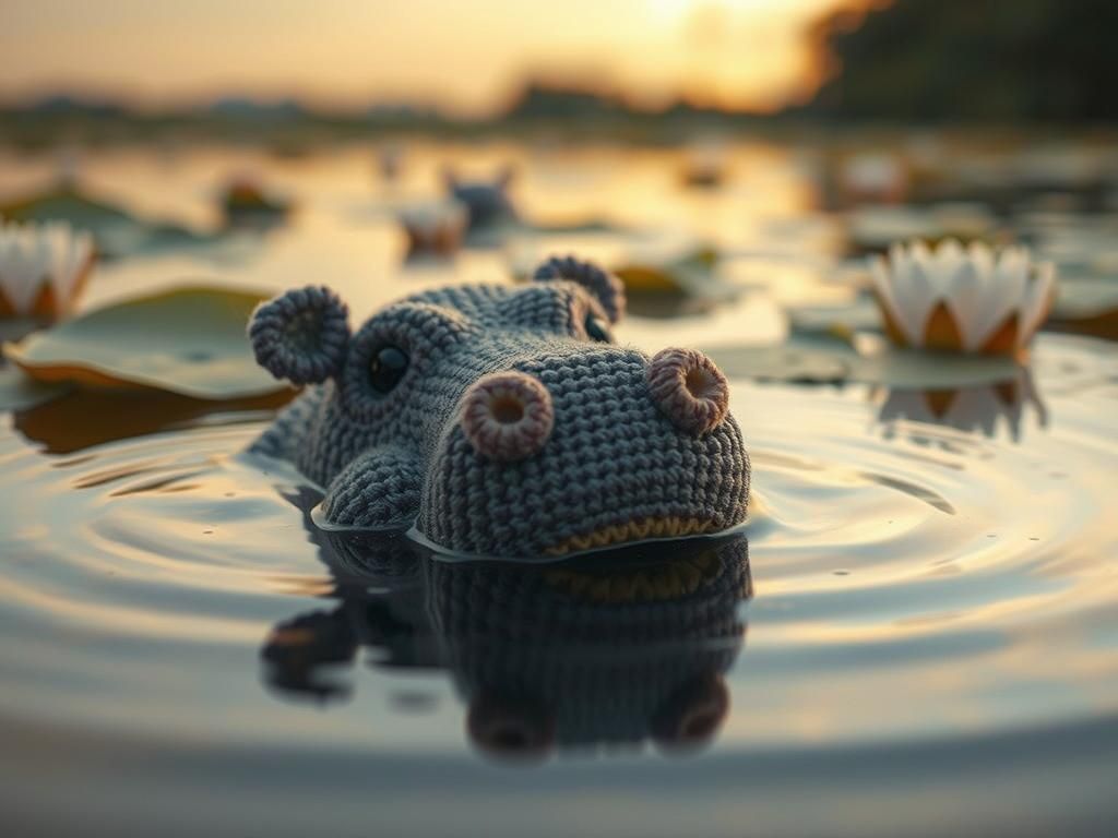 Silk Crochet Hippo Doll in Pond at Dawn