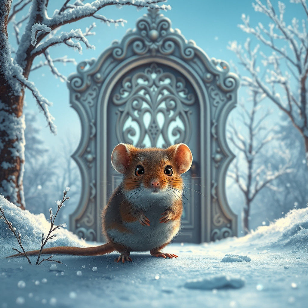 Mouse at Winter Doorway in Detailed Matte Painting