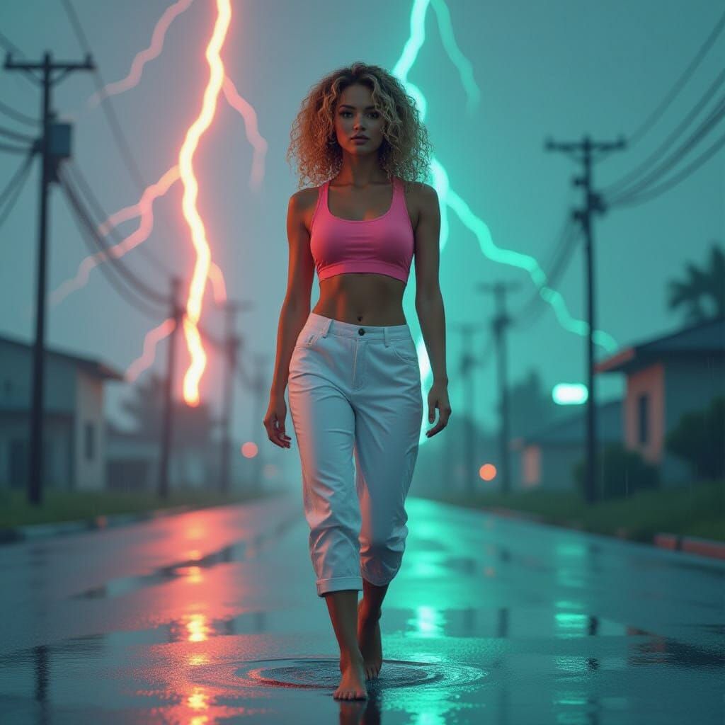 Woman Walks in Bioluminescent Rain, Futuristic Art