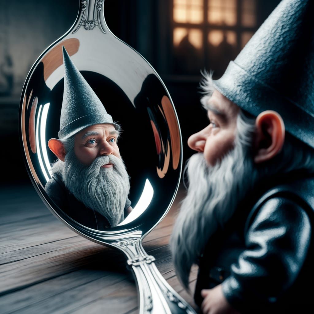 Gnome Contemplates Distorted Reflection in Chrome-Plated Spo...