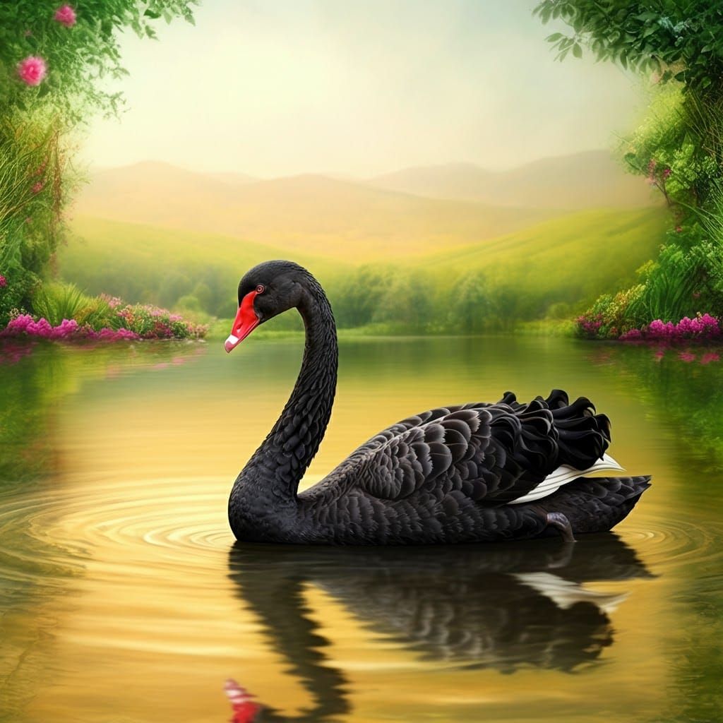Beautiful black  swan on a golden pond , pink flowers ,waves...