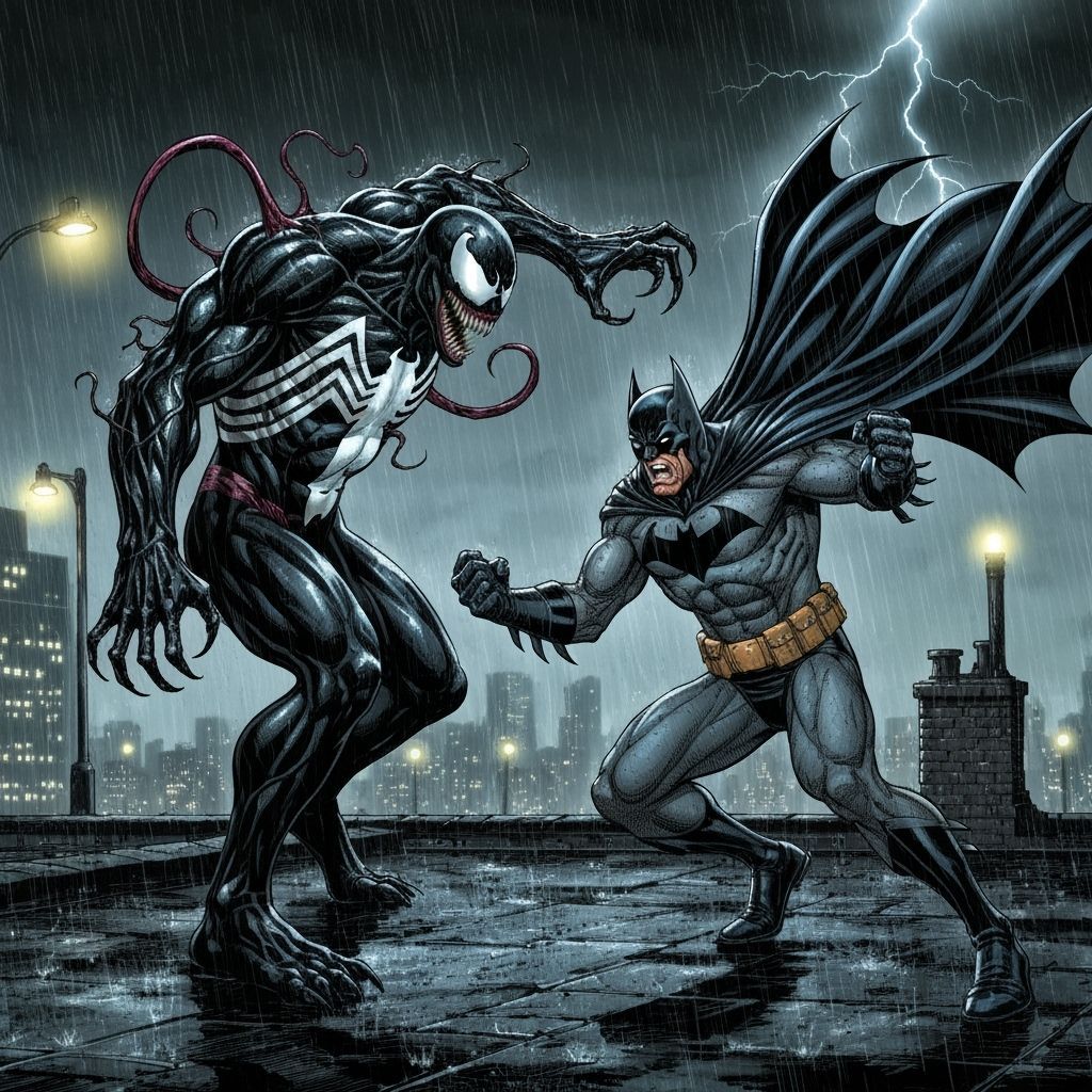 Venom Battles Batman on Gotham Rooftop in Dark Comic Style