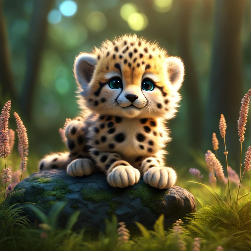 Dreamy Fluffy Baby Cheetah in Fantasy Forest