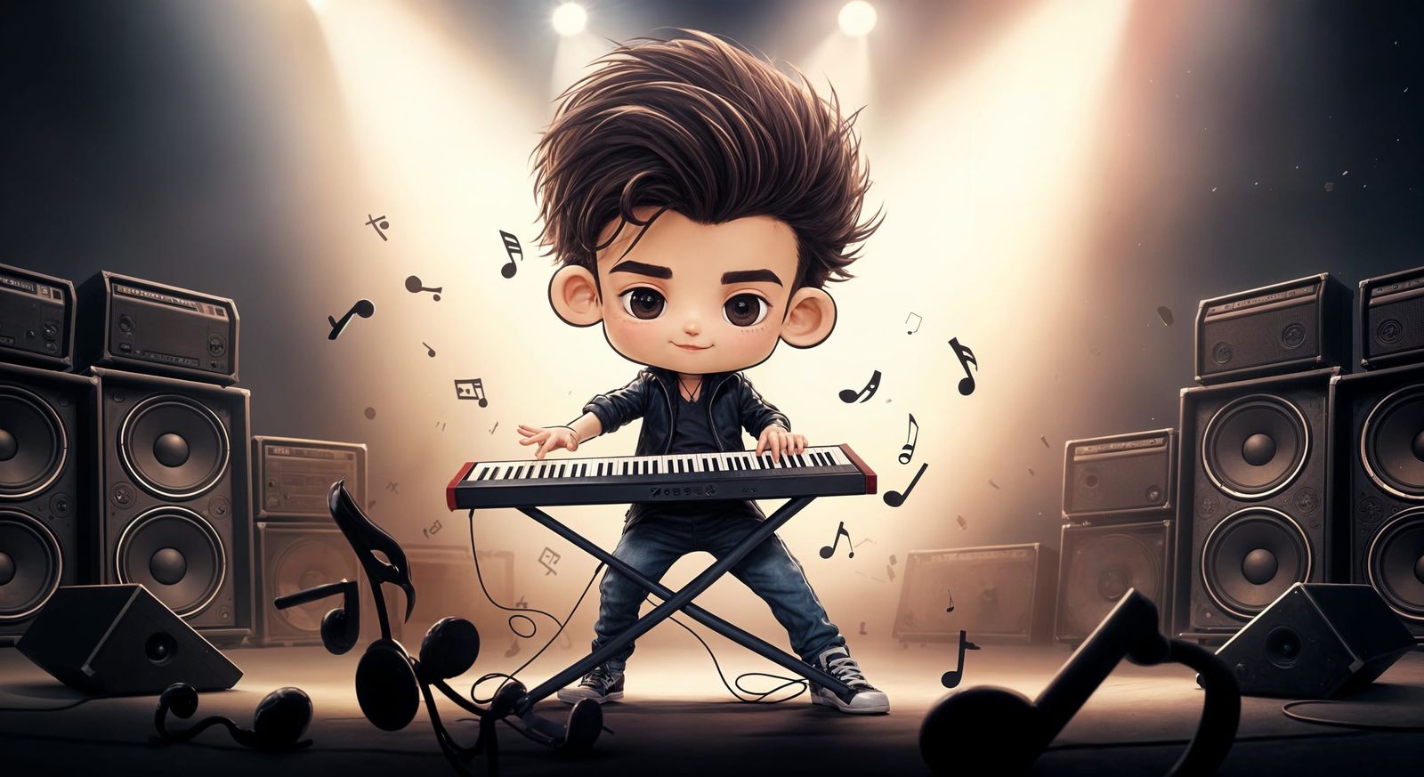 Energetic Chibi Keyboardist on Stage in Cartoon Style