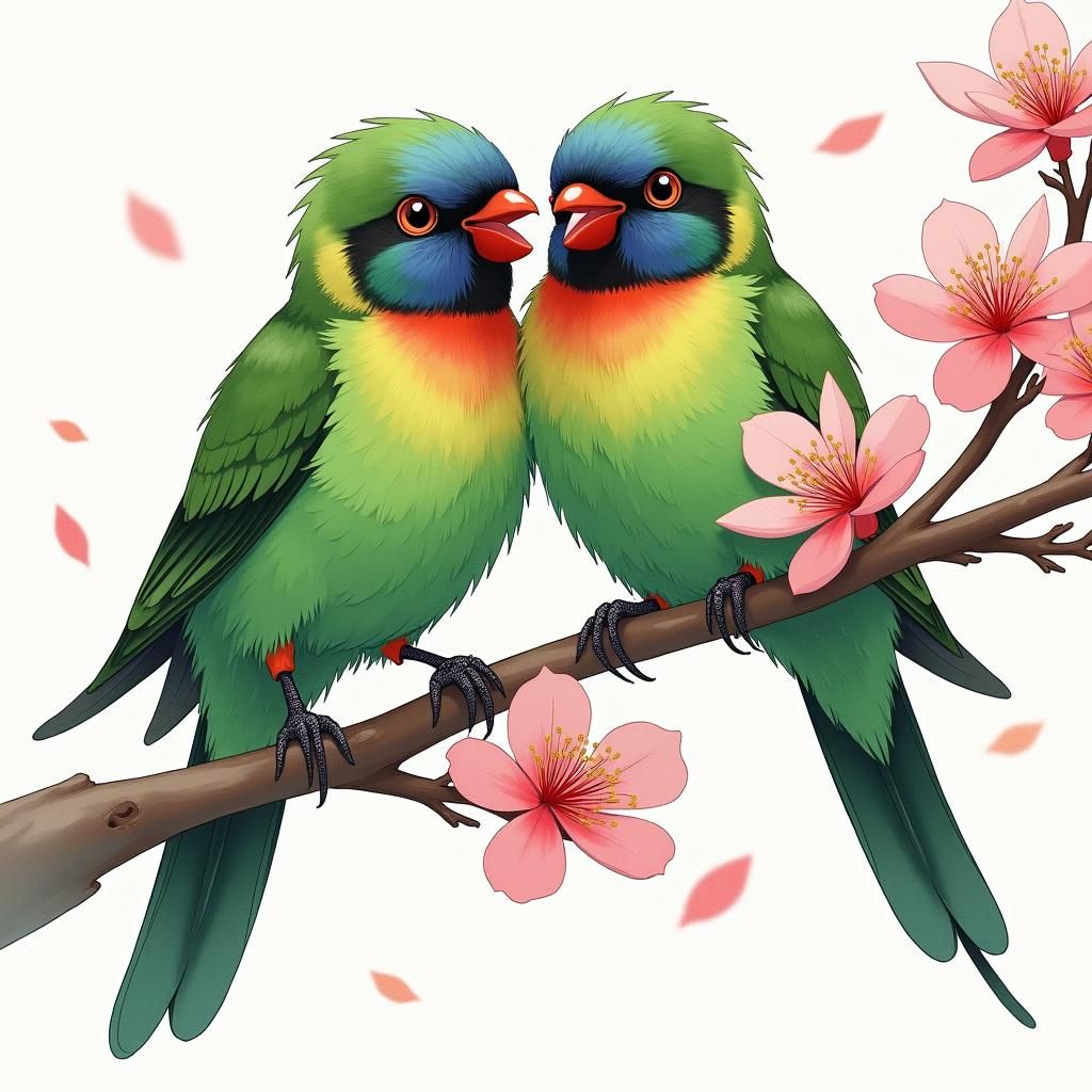 Green Lovebirds on Cherry Blossom Branch in Anime Style
