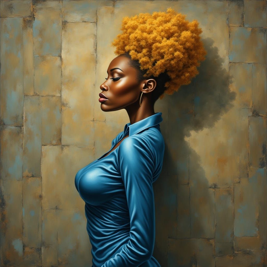 Ethereal Woman with Golden Afro in Hyperrealistic Style