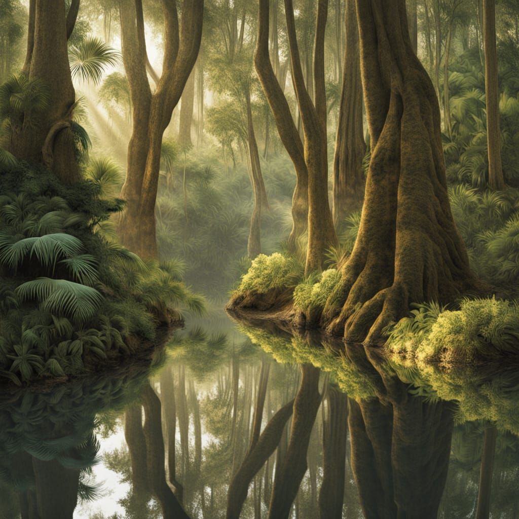Mirrored Tropical Jungle Landscape in Painterly Style