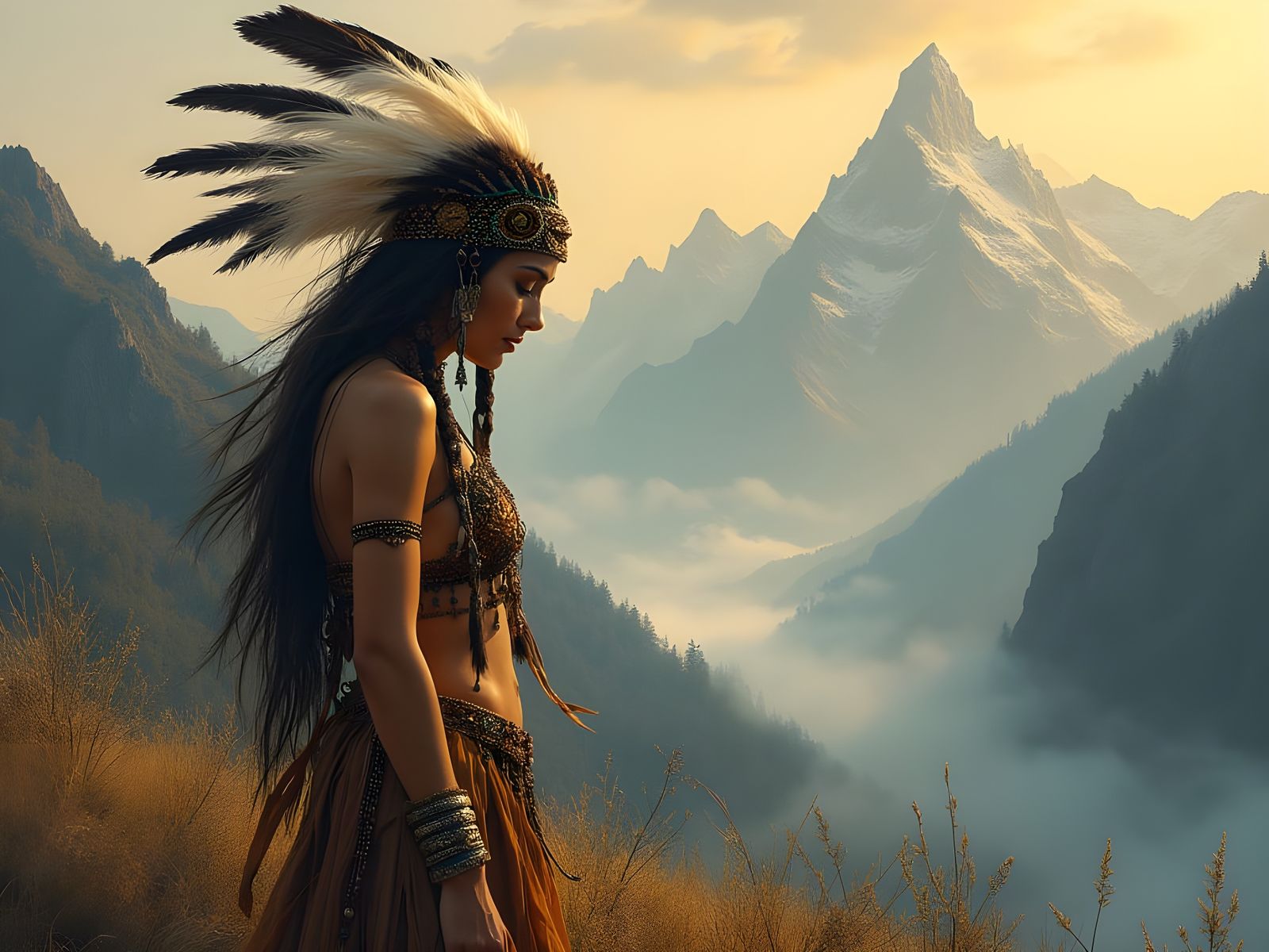 Ethereal Indian Goddess Amidst Majestic Mountains