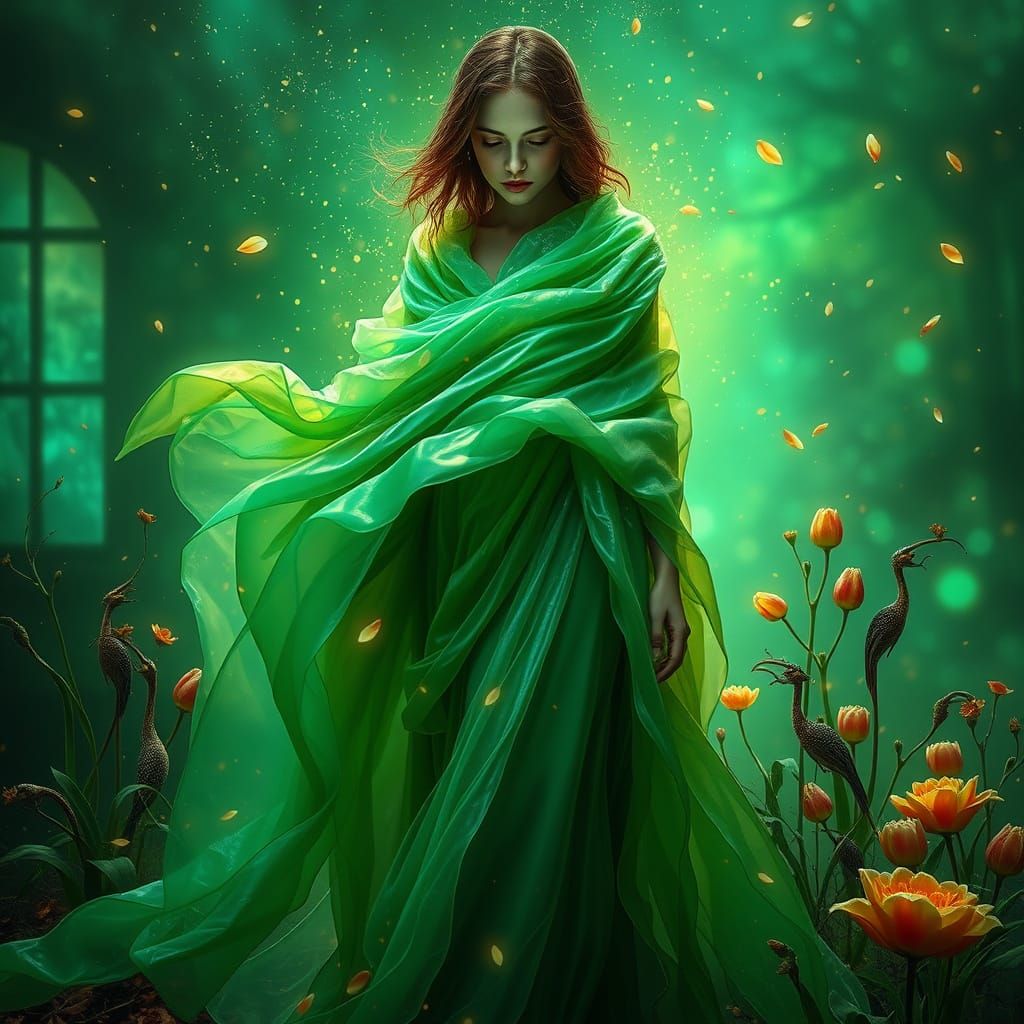 Ethereal Woman in Liquid Opal Attire, Surrounded by Enigmati...