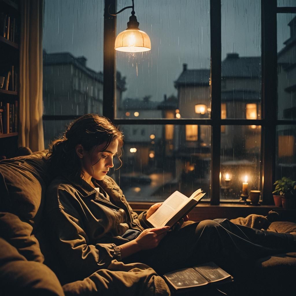 woman lying on a sofa, reading a book at candlelight in fron...