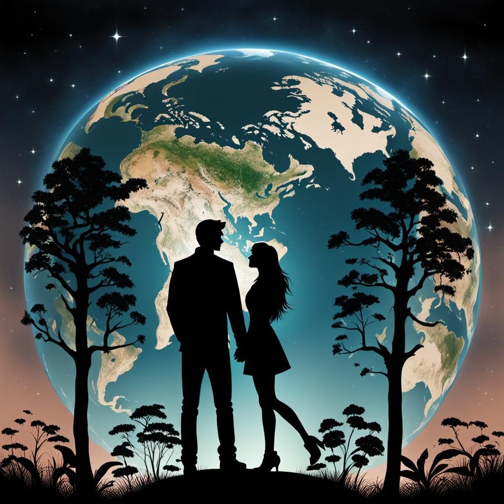Silhouette of Couple Embracing Earth