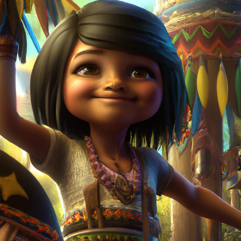 Adorable Chibi Sioux Girl with Totem Pole, 3D Render
