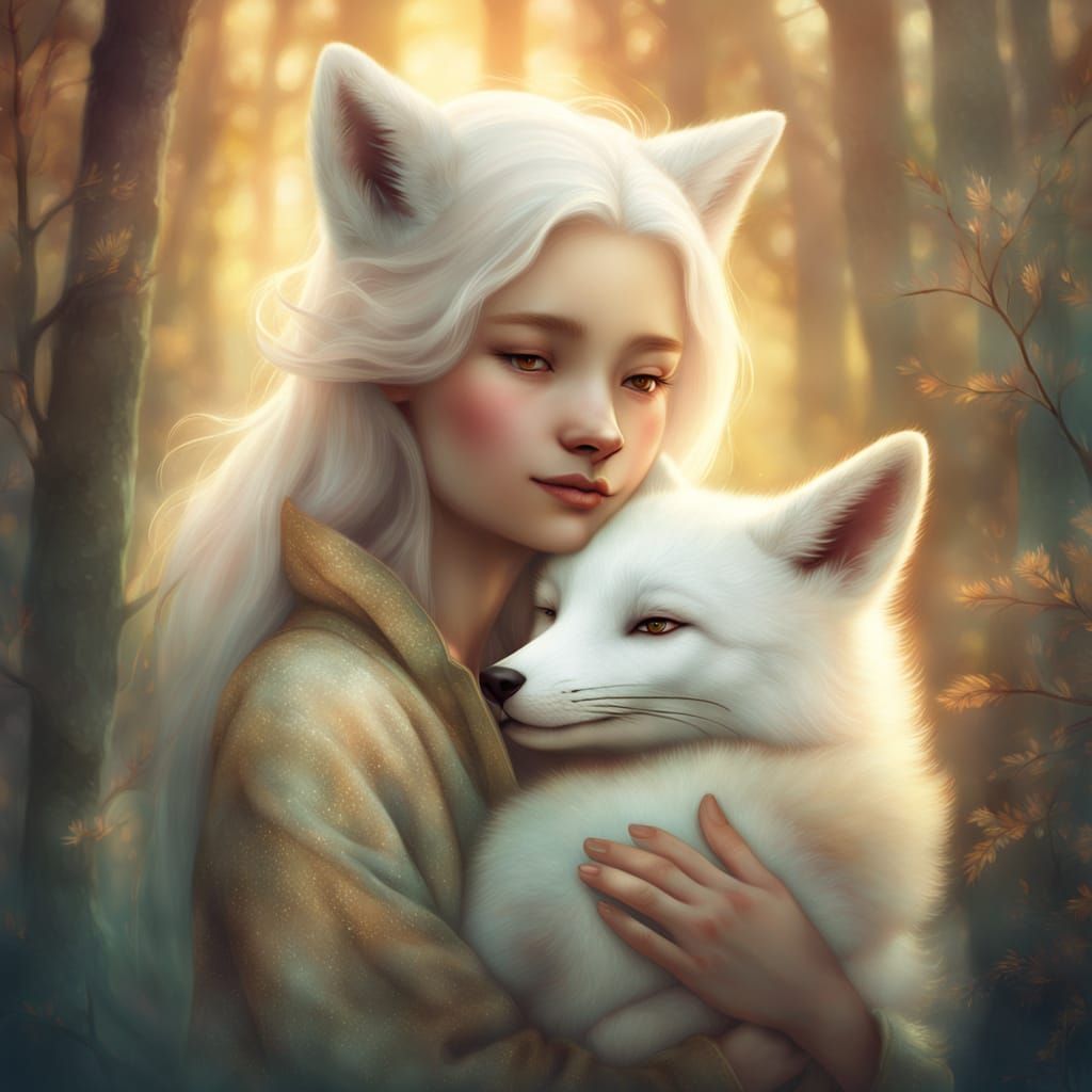 Teenage Girl Gently Hugs Baby Fox in Forest