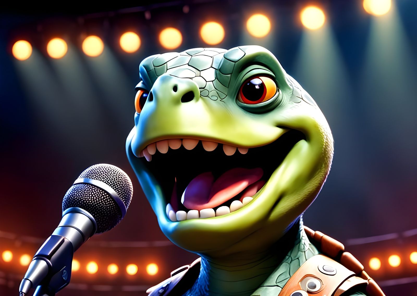 Singing Turtle Rocks the Stage: Cartoon Illustration
