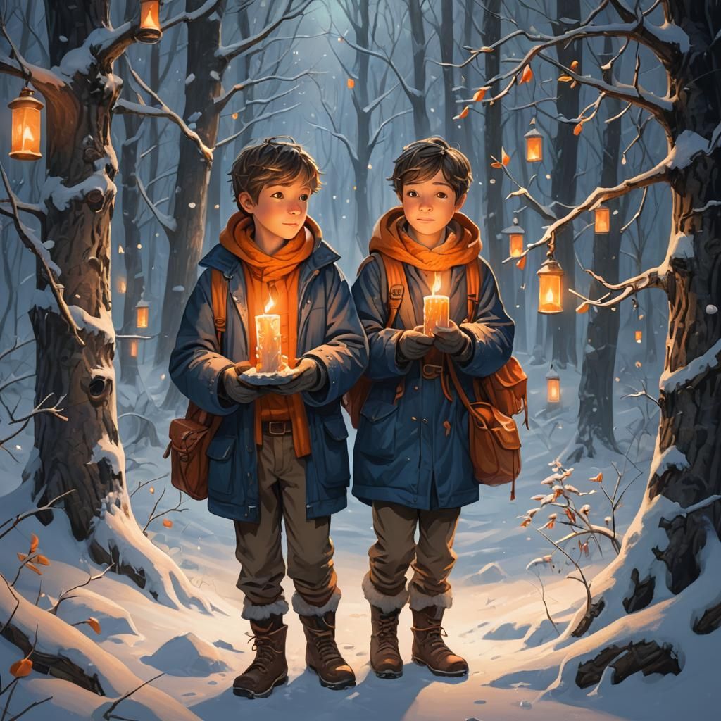 Boy with Candle in Snowy Forest: Fantasy Art