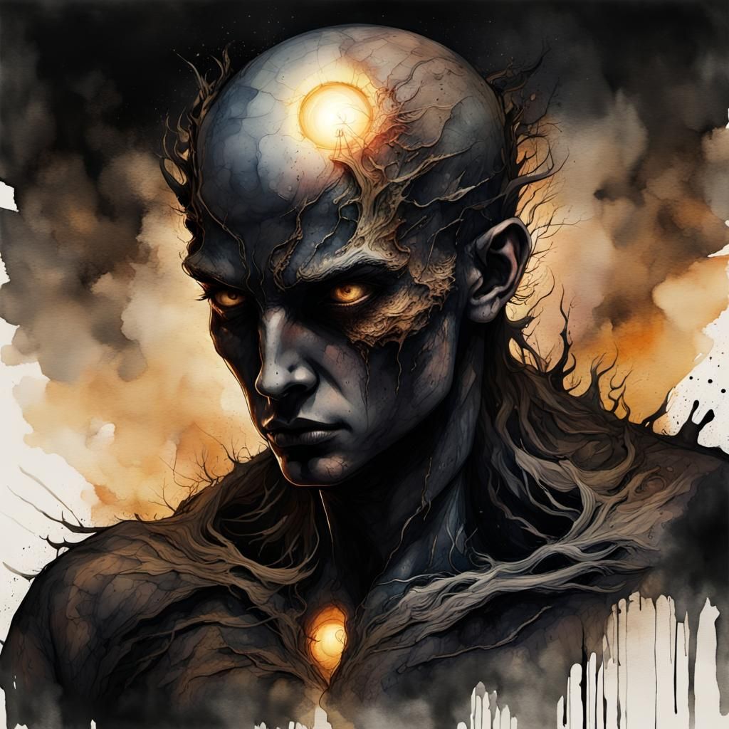 Dark Fantasy Godlike Figure in Watercolor Charcoal Style