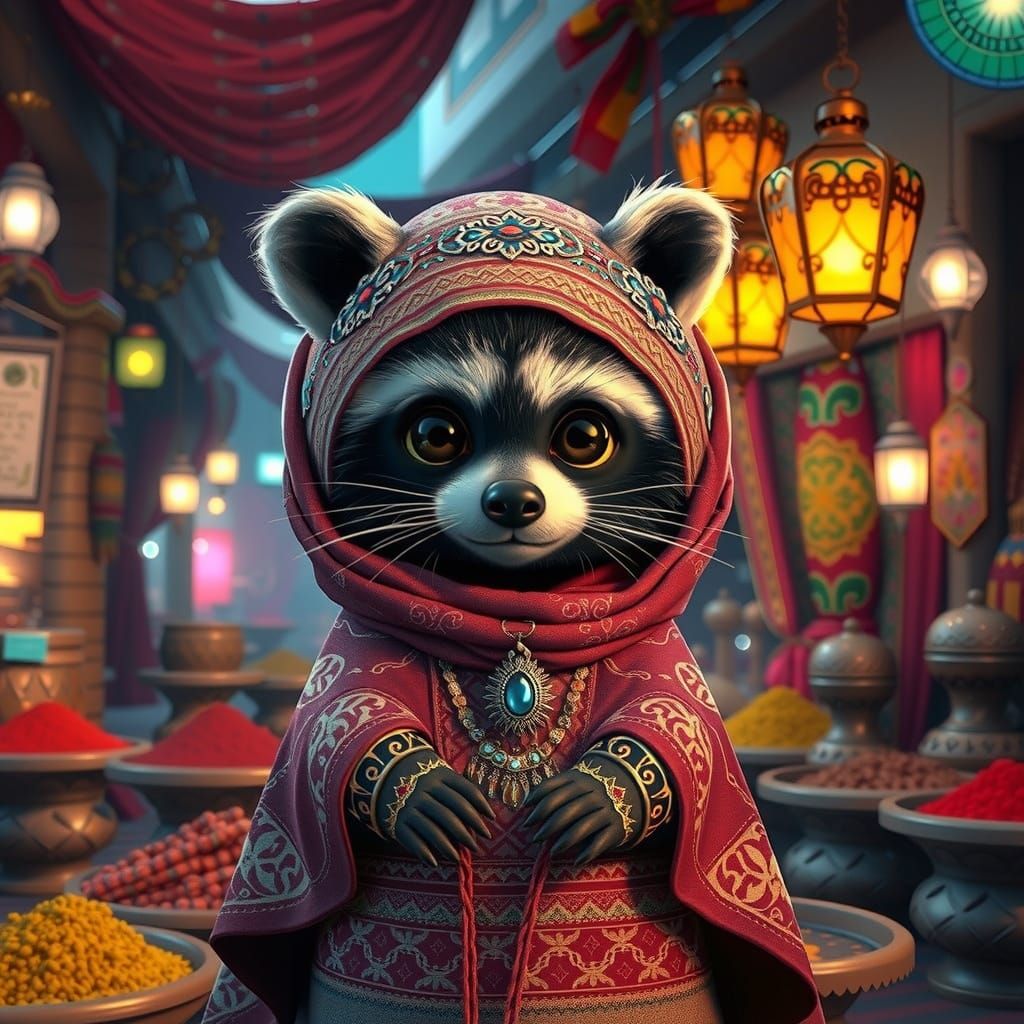 Chibi Raccoon in Vibrant Egyptian Market Scene