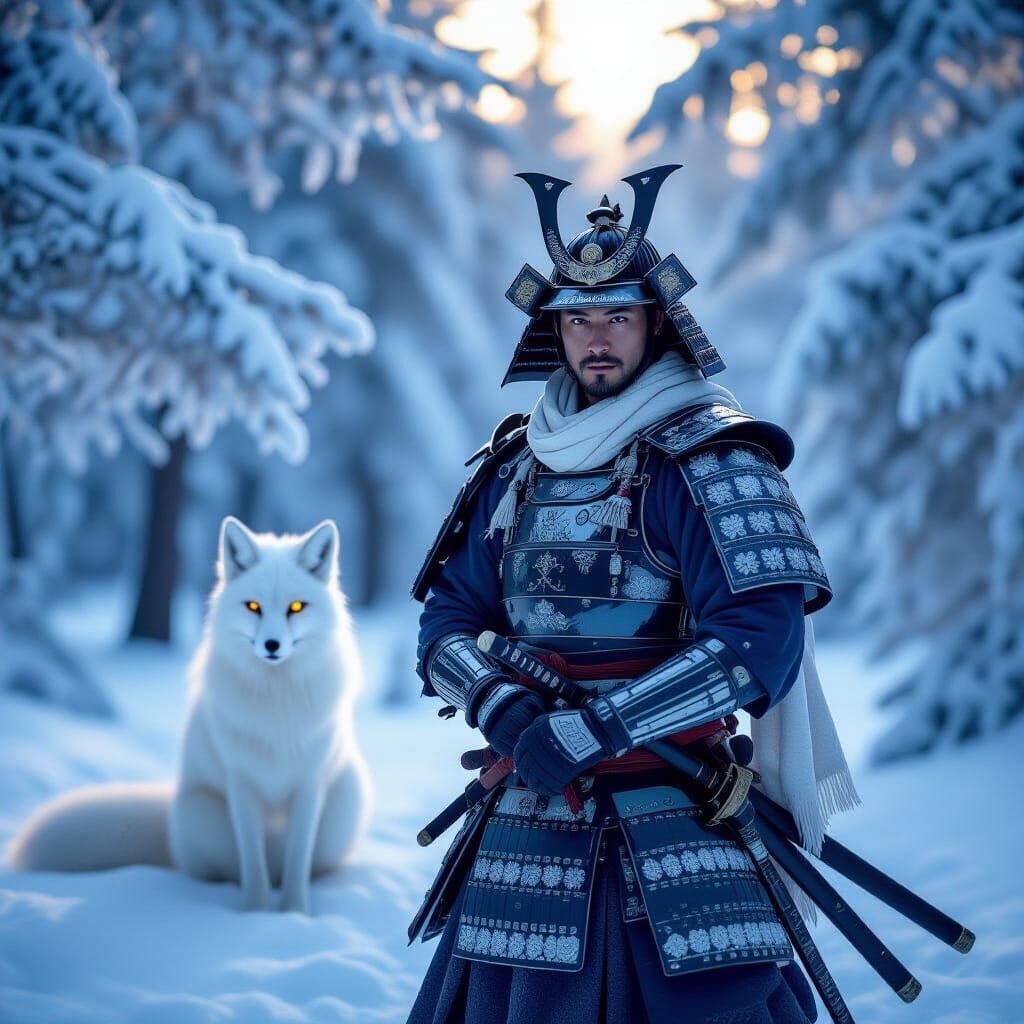 Samurai Warrior and Fox Spirit in Snowy Forest
