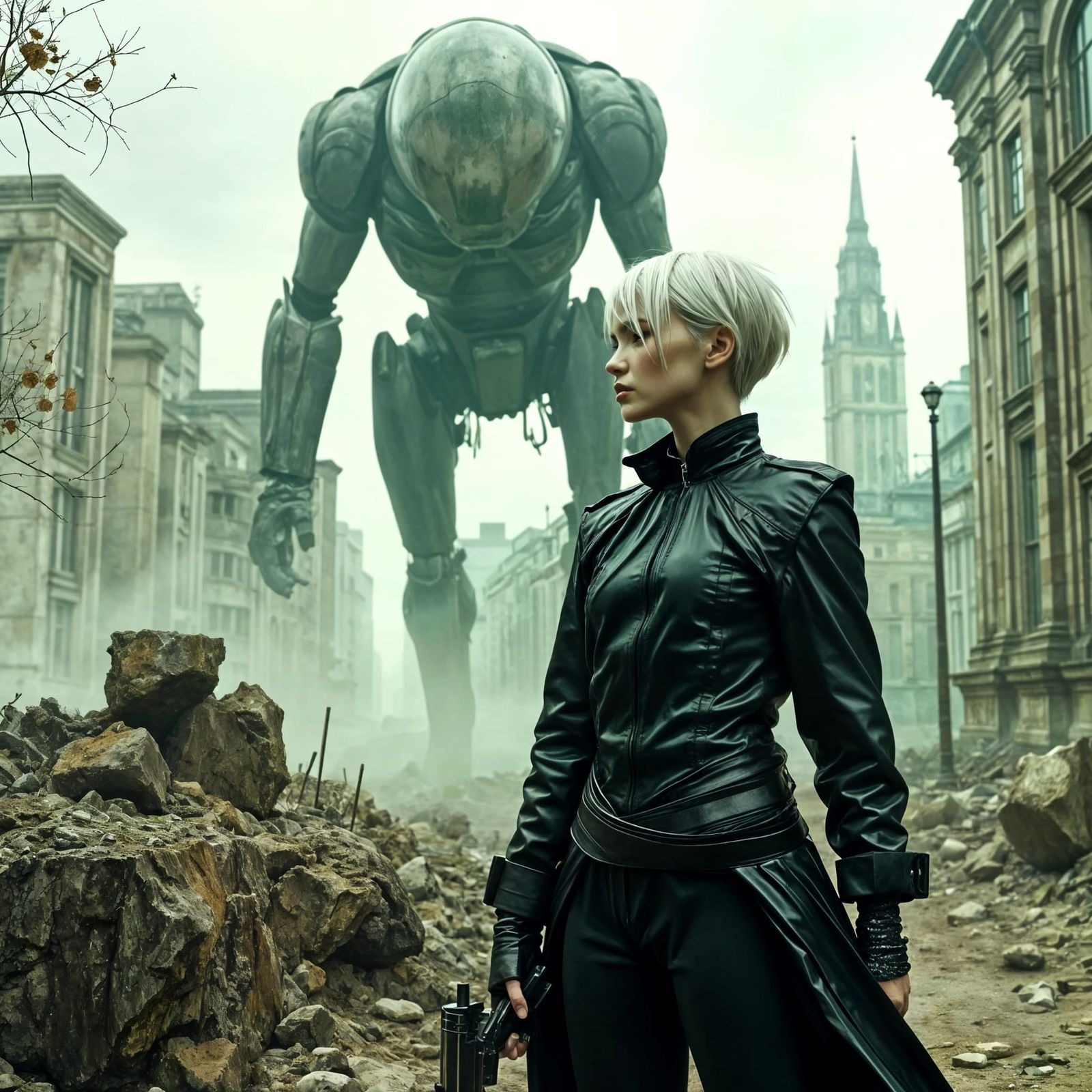 Gothic Warrior in Ruined Cyberpunk Cityscape