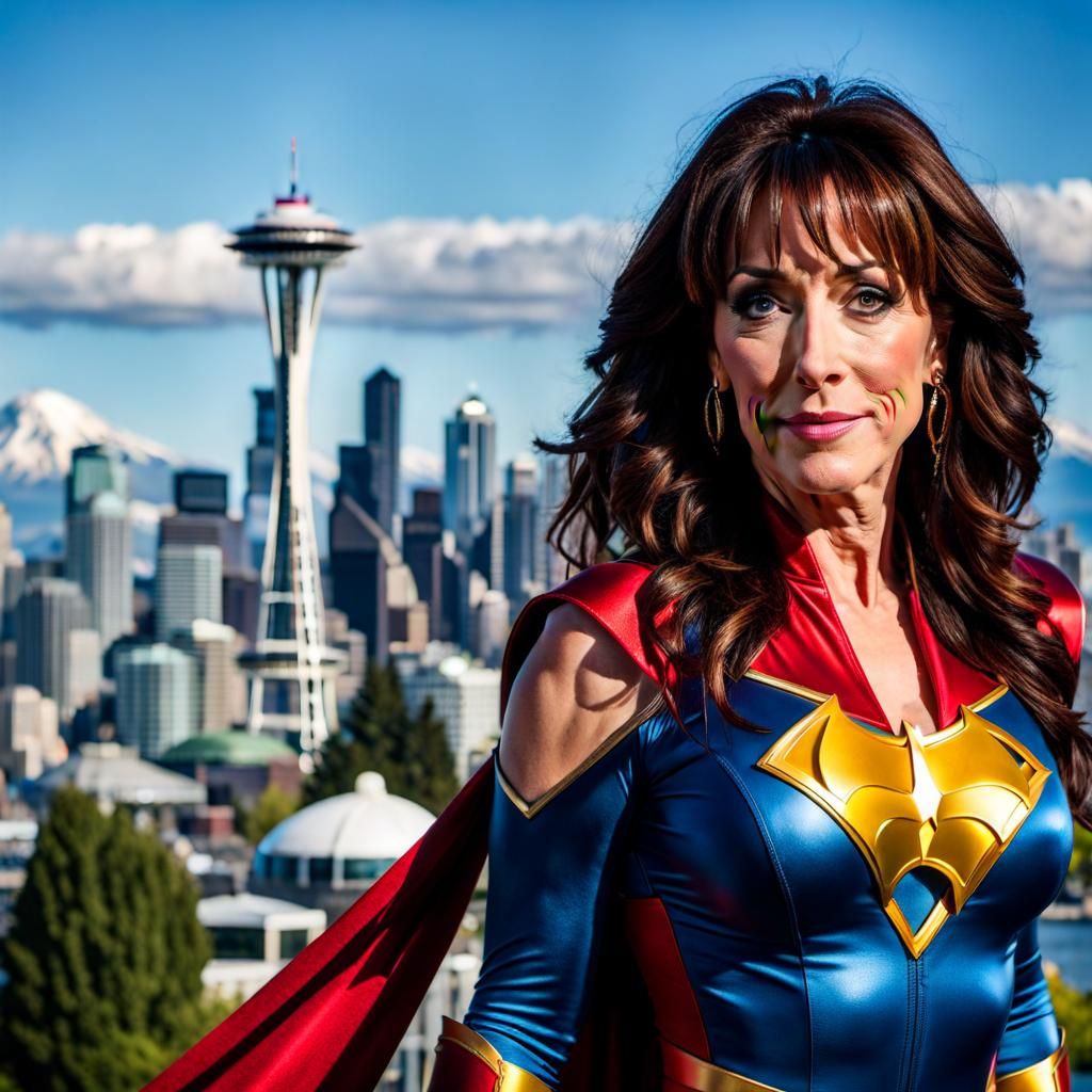 Young Woman Superhero Over Seattle Skyline Photo