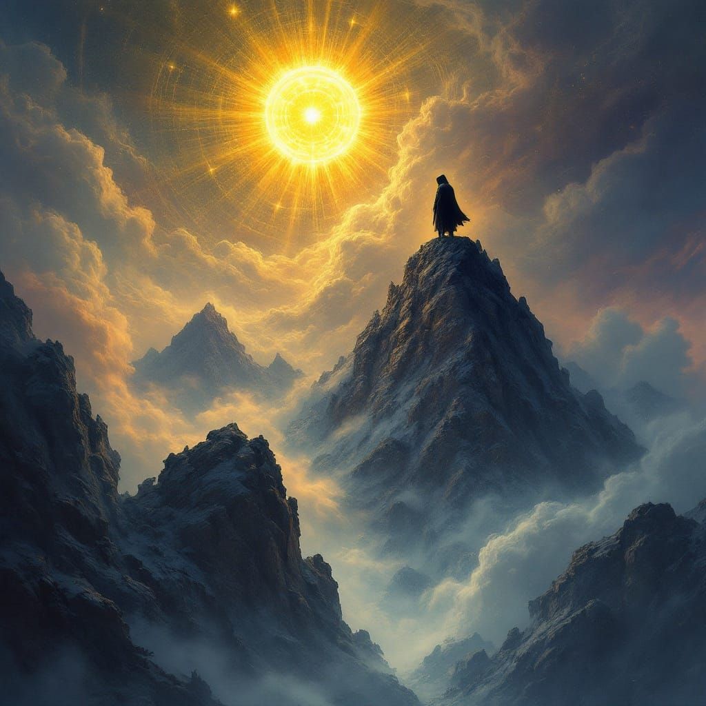 Mystical Mountain Figure in Dreamlike Hues