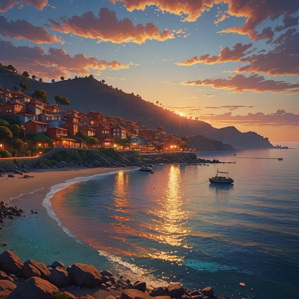 Sunset Over Serene Bay in Pointillism Style