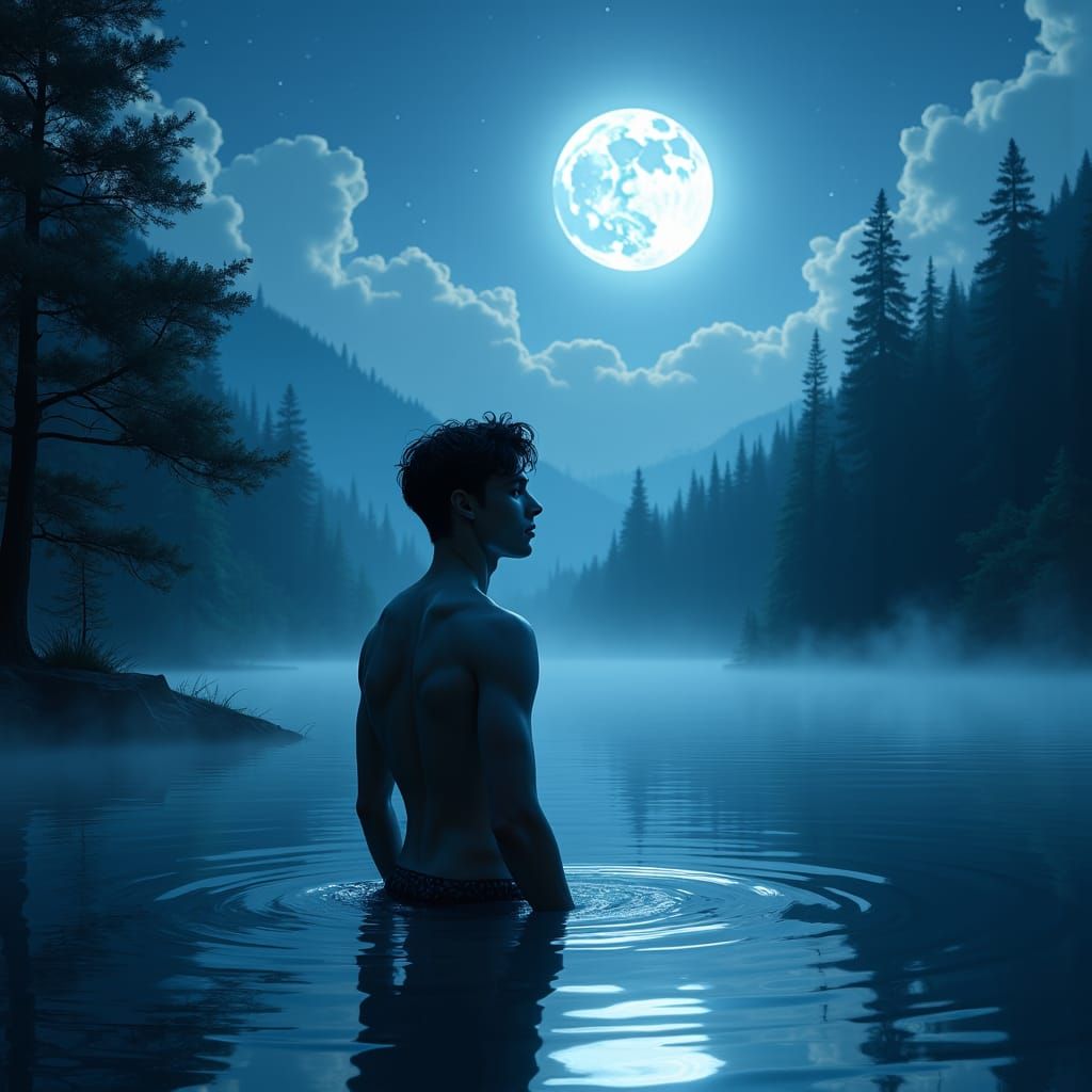Moonlit Lake Landscape with a Handsome Man