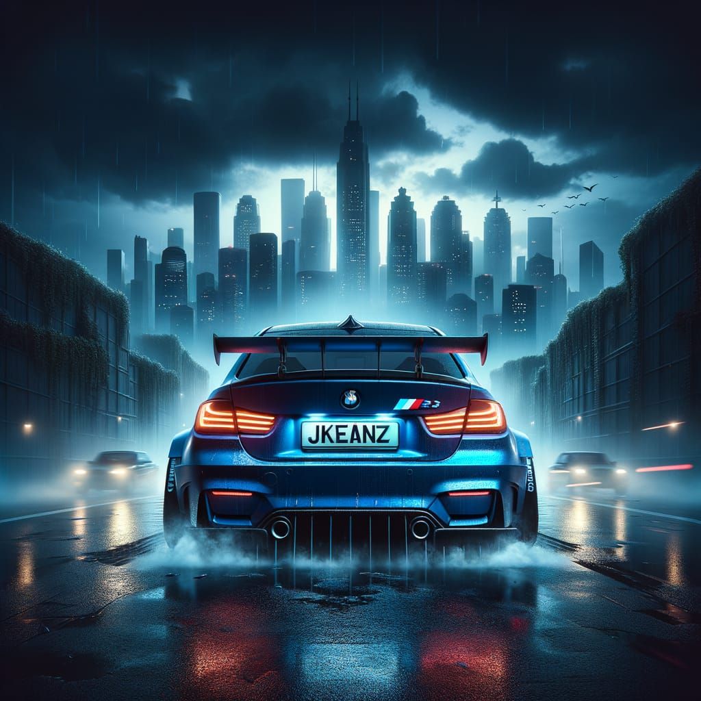 JKEANZ Text Logo with Blue BMW in Moody Cityscape
