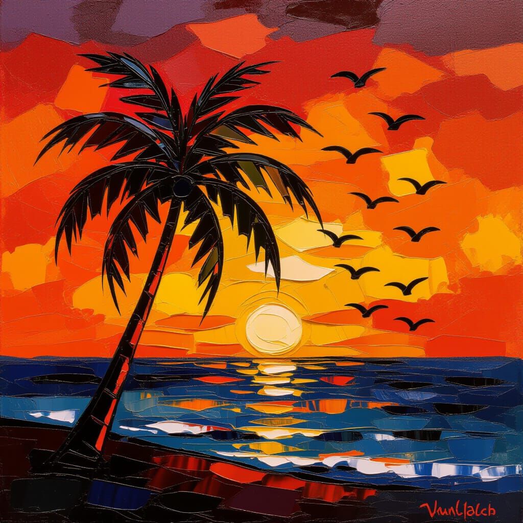 Vibrant Sunset Over Reflective Ocean with Palm Tree